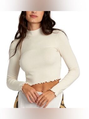 RVCA Ribbed Mock-Neck Lettuce-Edge Crop Top Rainbow Stripe Colors